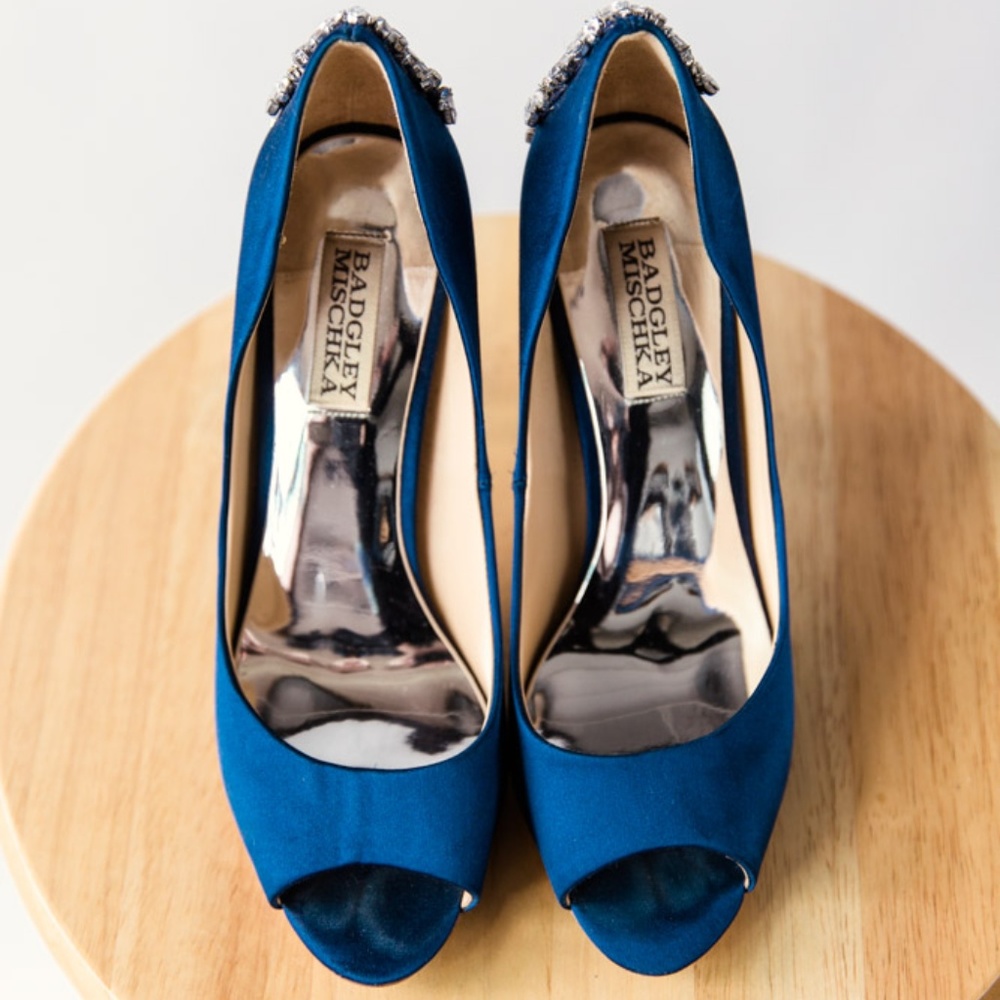 Badgley Mischka Royal Blue Jeweled Peep-Toe Pumps